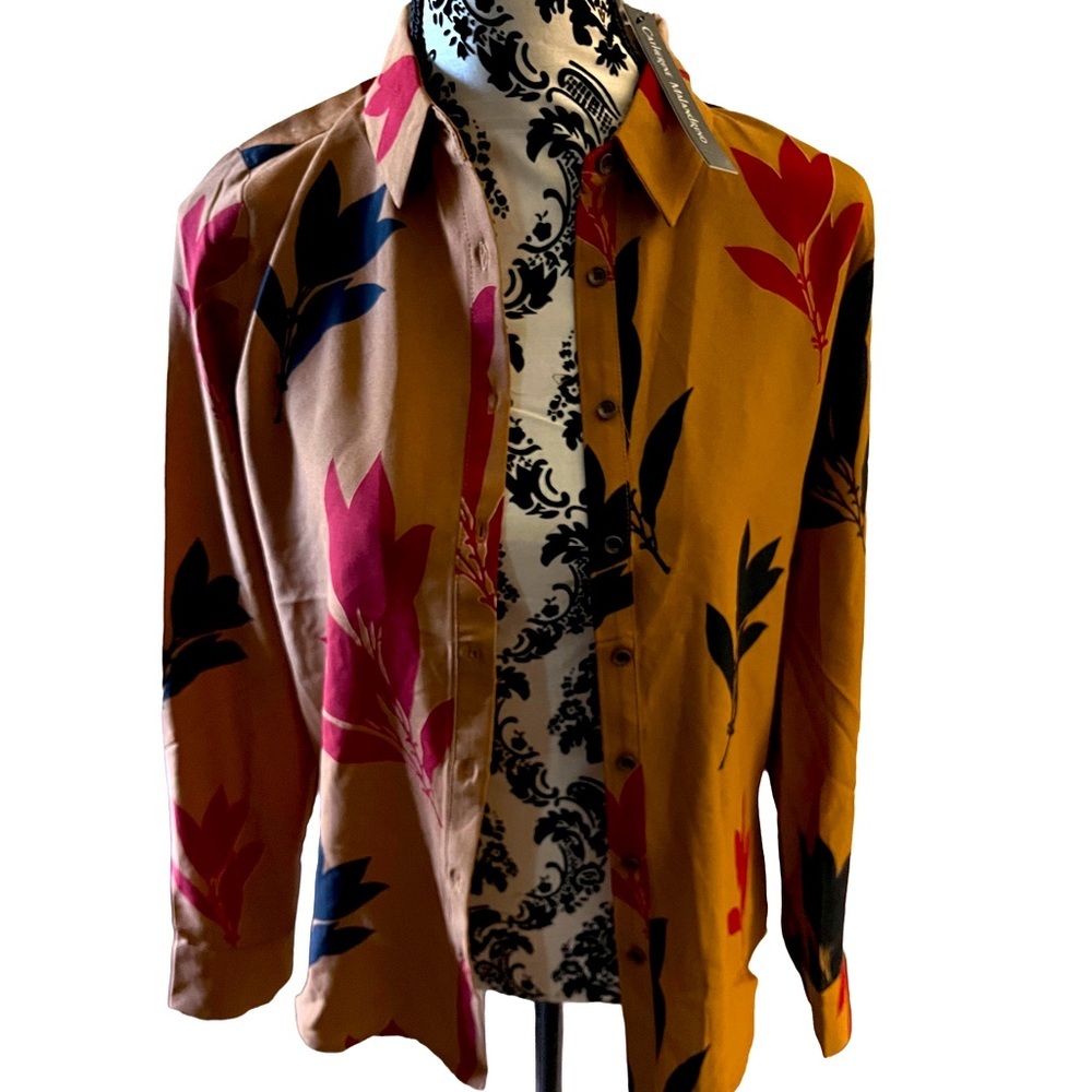 NWT Catherine Malandrino Floral Button-Up Shirt in Brown and Red, MRSP $68